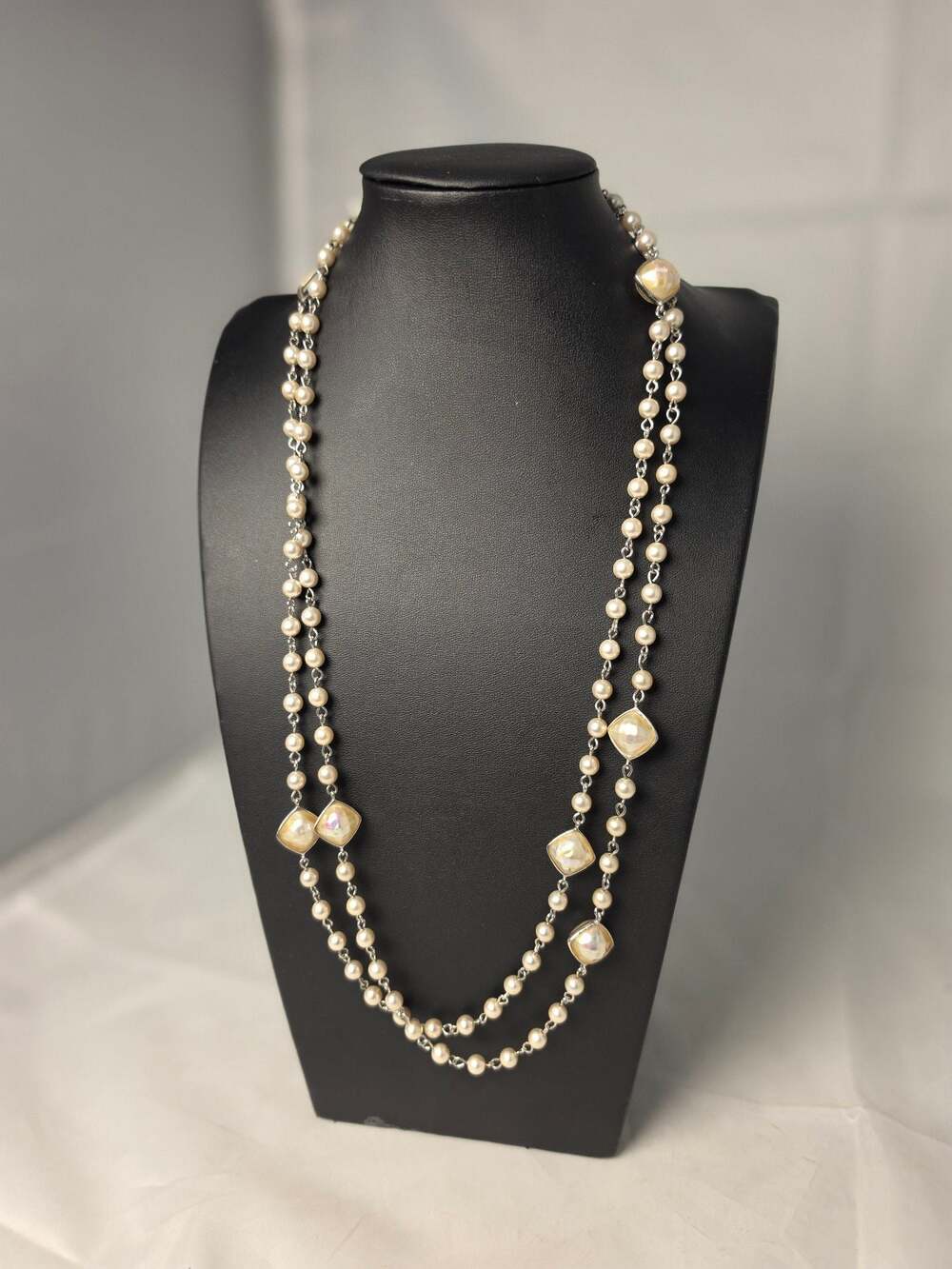 60's Japan Beaded Necklace Triple Strand Faux Pearl Adjustable Costume Fashion J